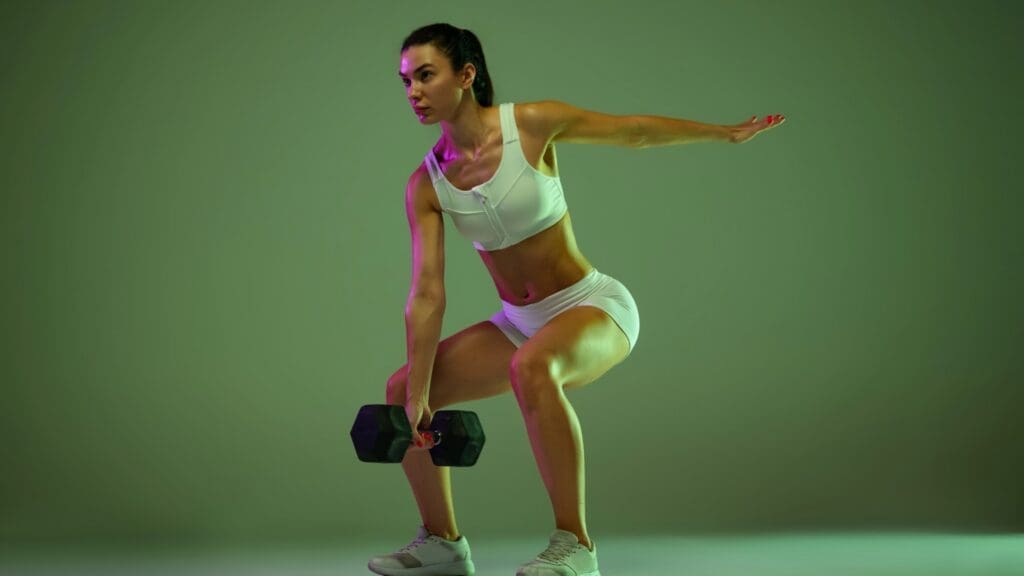 Woman doing dumbbell squat work out at night
