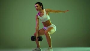 Woman doing dumbbell squat work out at night