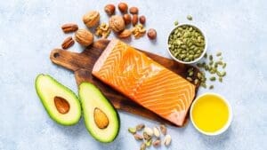 Food with high content of healthy fats. Overhead view.