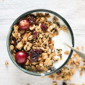 Bowl of granola and fresh fruit on a plain grey background
