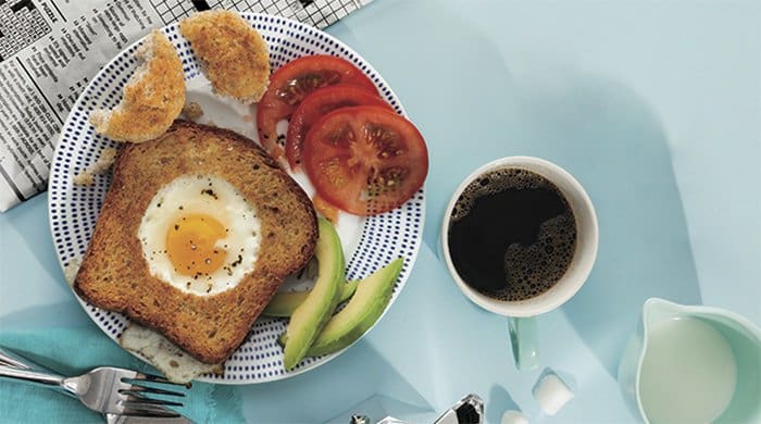 breakfast A protein-packed breakfast with toast, egg, tomato and coffee