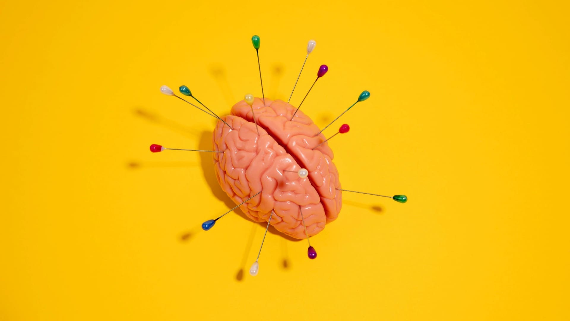 human brain model with pin pricks around it showing types of headaches