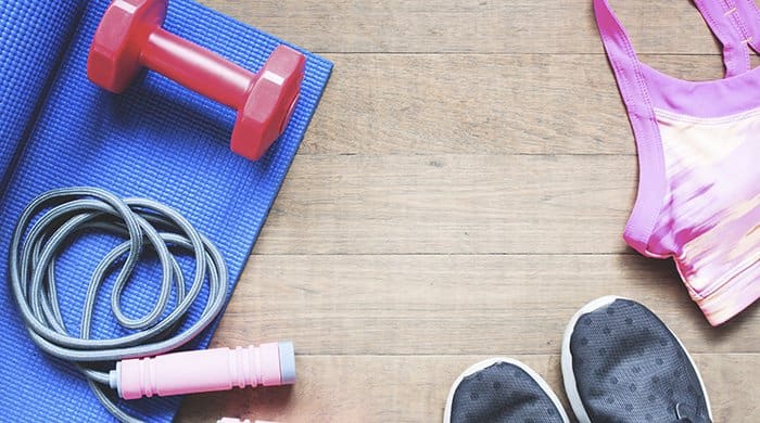 Gym Phobia flatlay of workout equipment that will aid weight loss