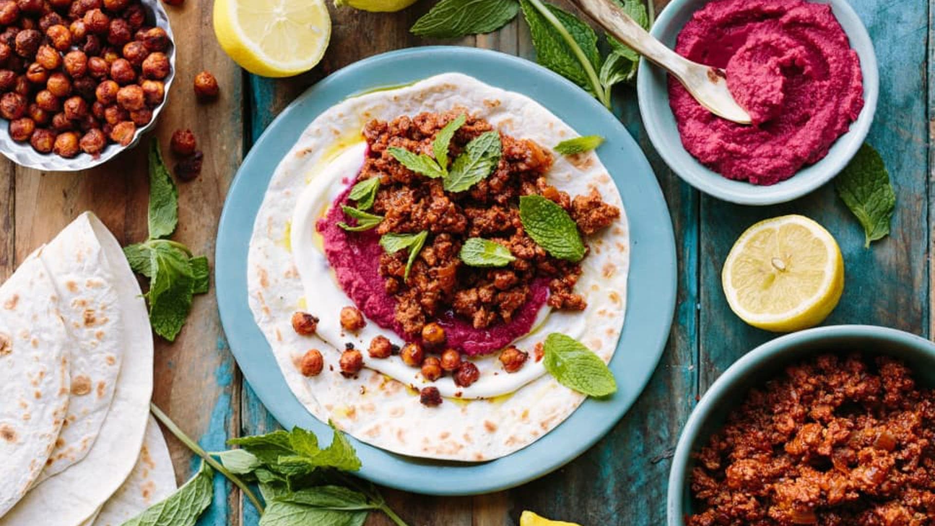 Spicy Lamb Tortillas With Beetroot Hummus And Crispy Paprika Chickpeas 