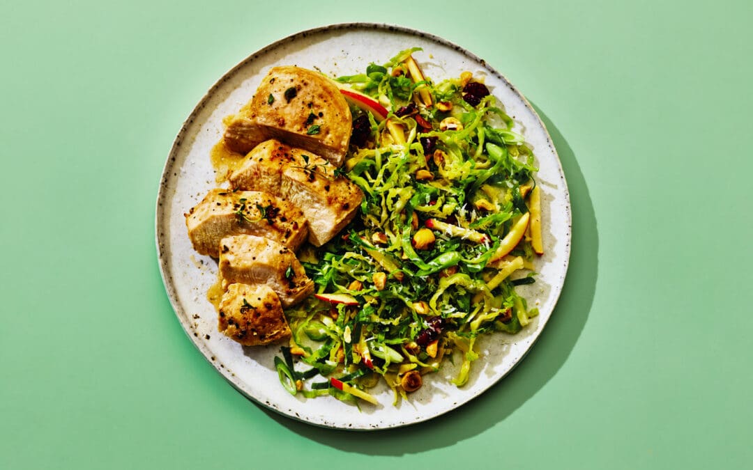 Try This Lemon-Thyme Chicken With Shaved Brussels Sprouts Recipe For A Quick Weeknight Dinner