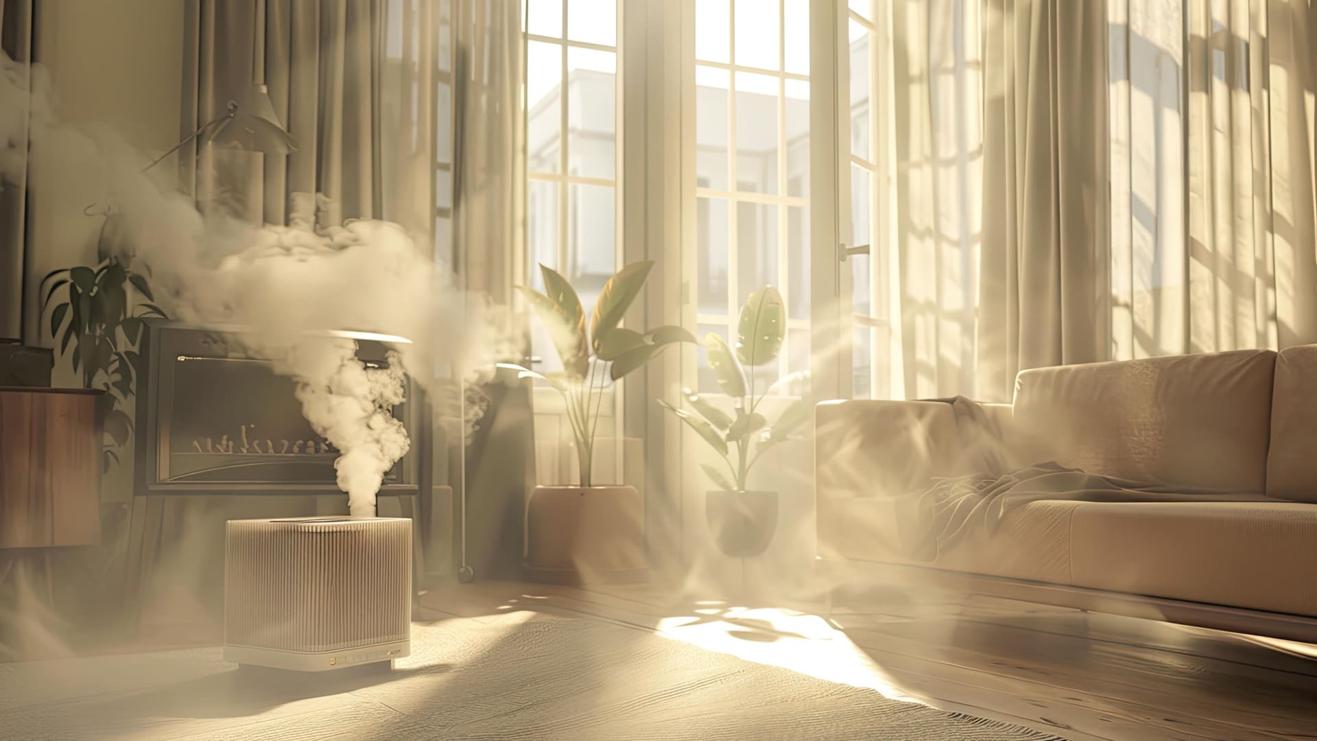 indoor air pollution in living room with humidifier and smoke