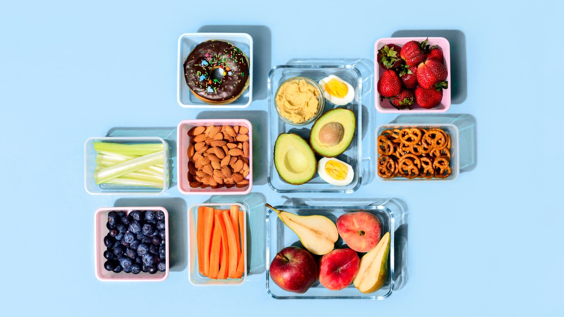 flatlay of foods on blue backdrop