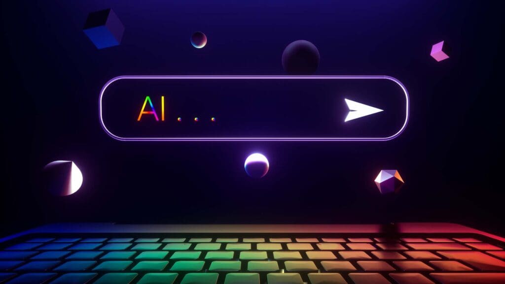 Digital generated image of AI search frame with multiple geometrical shapes flying around. Technology and AI concept.