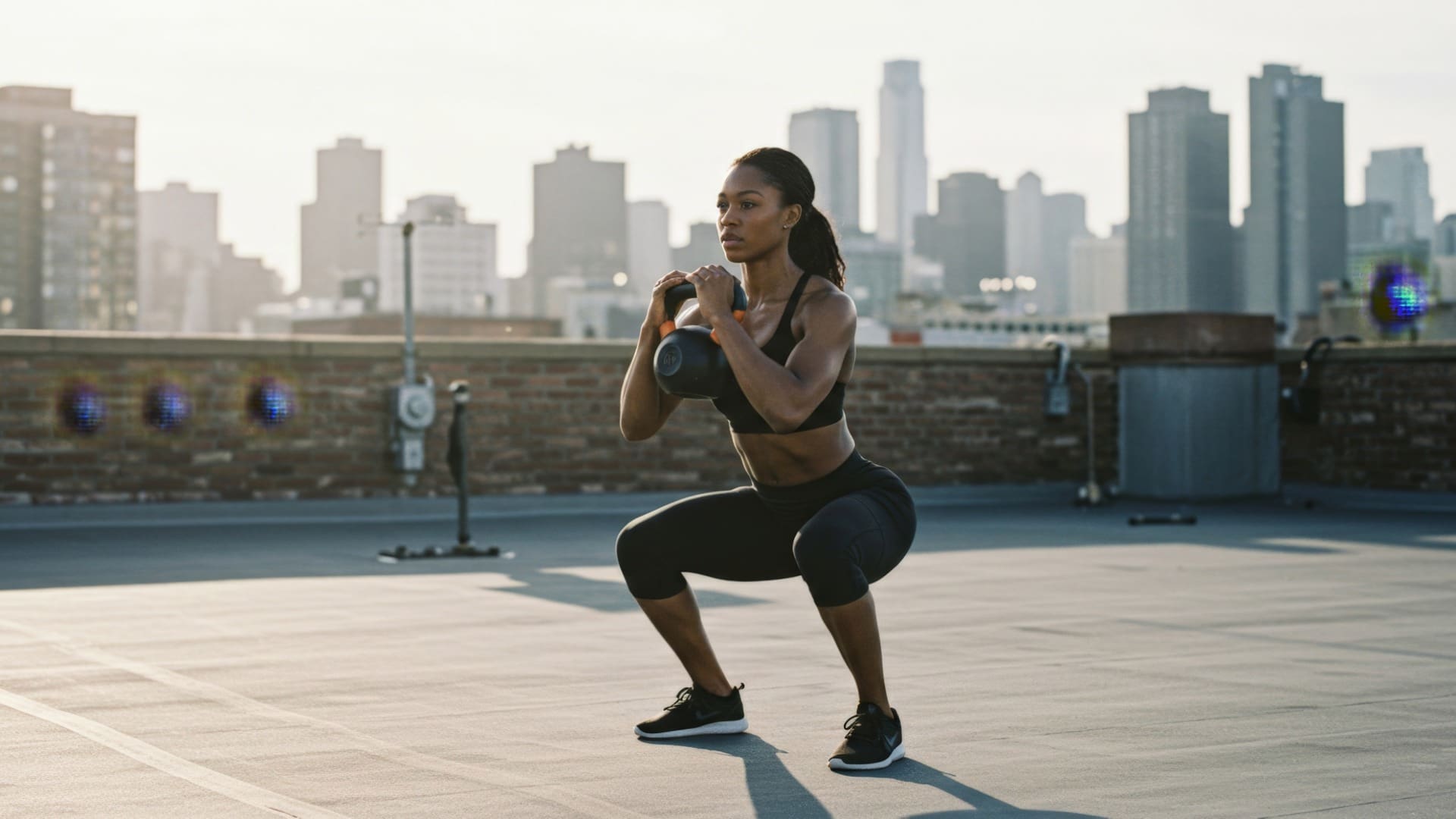 Woman on rooftop doing bodyweight workouts