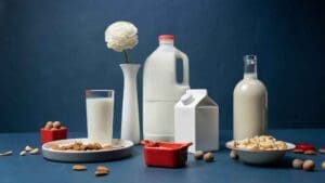 Dairy products displayed in front of a blue background