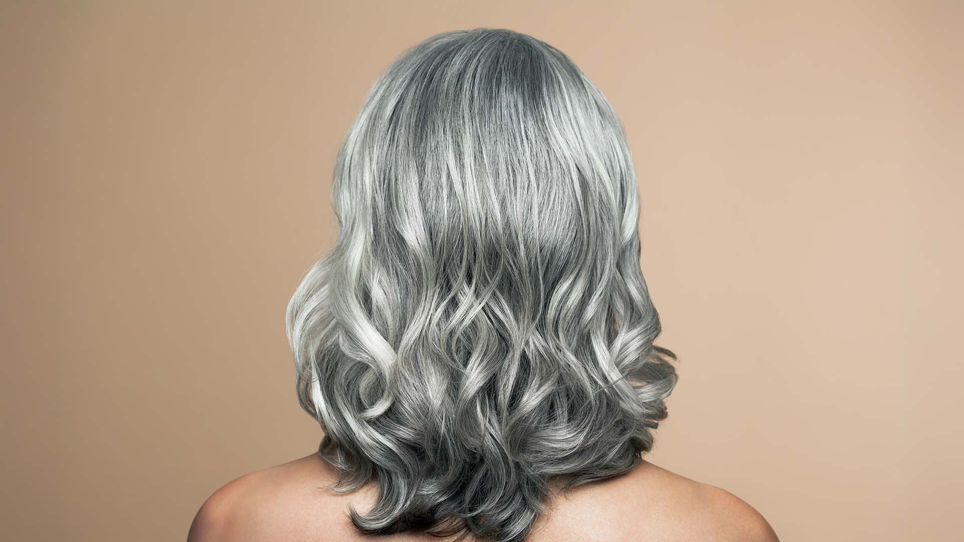 Woman with grey hair, back view.