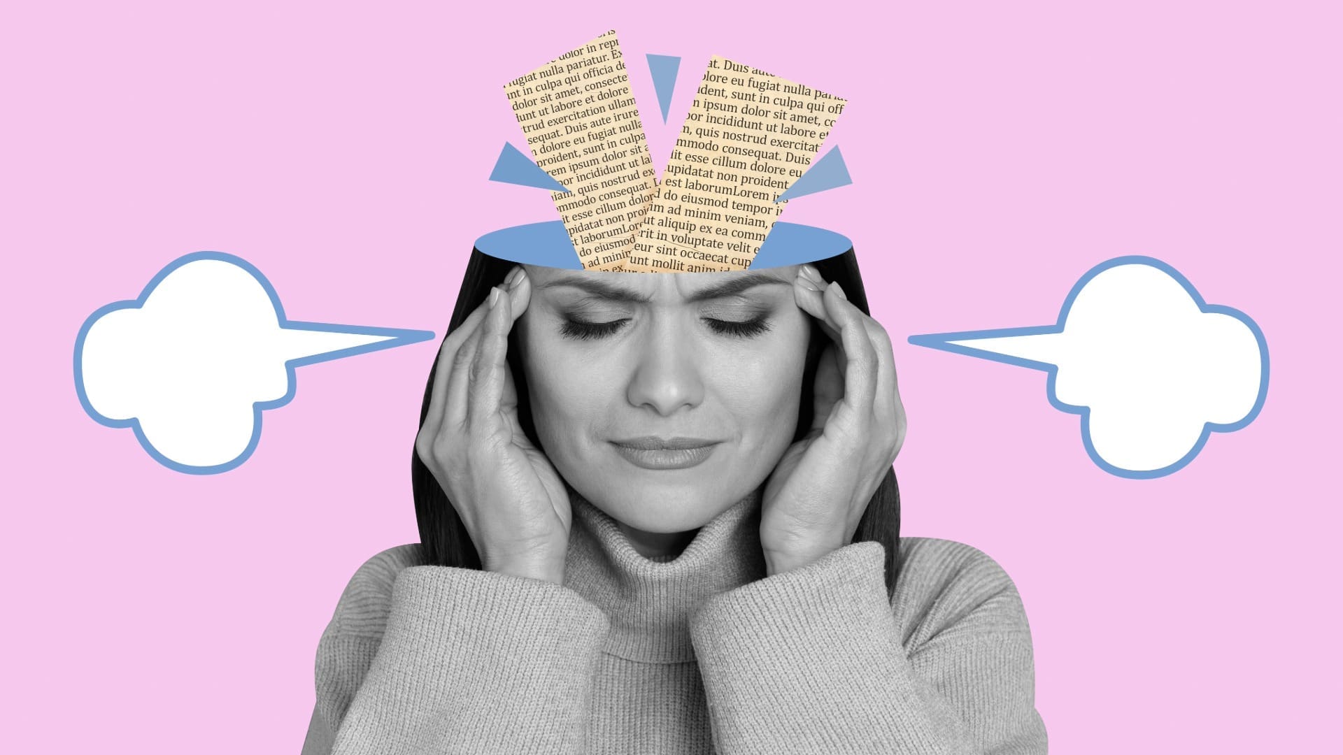 Women’s Health SA- Nervous System Regulation woman needs nervous system regulation holds hands to temples, with heavily-worded paper placed above her head as a cut-out collage, with cartoon steam exiting either ear