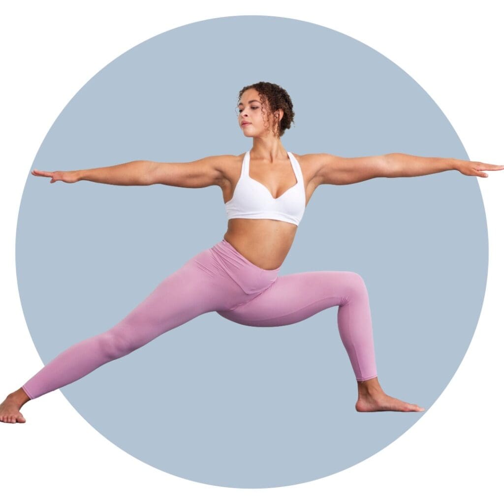 Woman doing Virabhadrasana II, Warrior II yoga poses to beat burnout